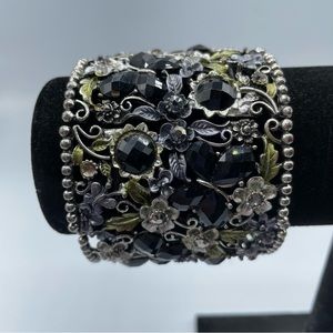 Vintage Silver Tone Black Faceted Glass Flowers Stretch Cuff Bracelet Jewelry